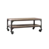 Gray steel frame with two wooden shelves. Rectangle with caster wheels.