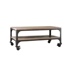 Gray steel frame with two wooden shelves. Rectangle with caster wheels.