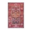 4x6 foot rug with floral patterns around boarder and design in the center. Hues of red with blue, cream and other neutral hues.