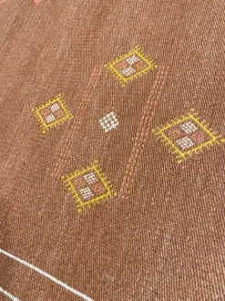 Close up of rug details with 4 yellow diamonds and smaller white and orange diamonds inside, creating a larger diamond.