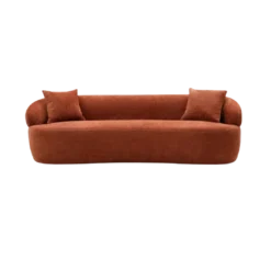 Burnt orange fuzzy boucle fabric in a modern minimalist curved sofa with one piece on the bottom in a half moon shape. No cushions. Two square pillows