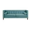 Haley Sofa - blue-teal tufted velvet modern tuxedo sofa with bolster pillows for rent in Indianapolis