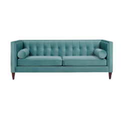 Haley Sofa - blue-teal tufted velvet modern tuxedo sofa with bolster pillows for rent in Indianapolis