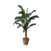 Faux banana plant with wide leaves standing over 7 feet tall. Brown pot.