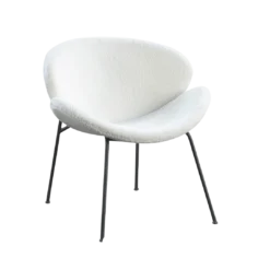 Plush white round accent chair with dark gray metal legs. Scooped seat.