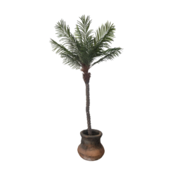 Fake palm tree at 7.5 feet tall. Green leaves, brown trunk and a brown pot.