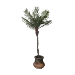 Fake palm tree at 7.5 feet tall. Green leaves, brown trunk and a brown pot.