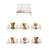 Bar furniture offering with black grid backdrop, hairpin farm table bar, and 6 twist wooden cocktail tables with metal wire leg stools.