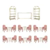 Bar package with gold shelves and table, 12 pink velvet chairs and gold and marble tables.