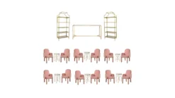 Bar package with gold shelves and table, 12 pink velvet chairs and gold and marble tables.