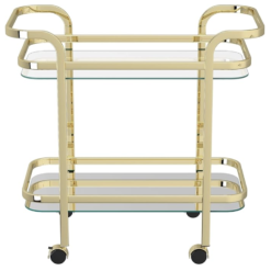 Front view of the bar cart. Two gold rims and handle.