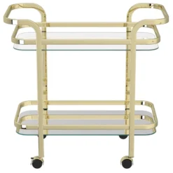Front view of the bar cart. Two gold rims and handle.