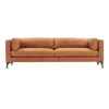 Cognac tan, light brown long sofa with two cushions. Wood legs. Two bolsters on each end.