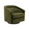 Sage green velvet round swivel barrel chair. Smooth arms. 1 cushion