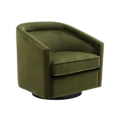 Sage green velvet round swivel barrel chair. Smooth arms. 1 cushion