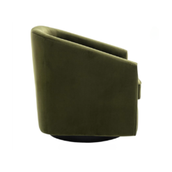 Side view of chair. Angles down slightly from the back to the arms