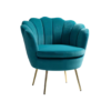 Teal velvet barrel chair with scalloped seashell back. Circle round cushion. Gold slender legs.