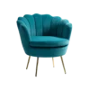 Teal velvet barrel chair with scalloped seashell back. Circle round cushion. Gold slender legs.