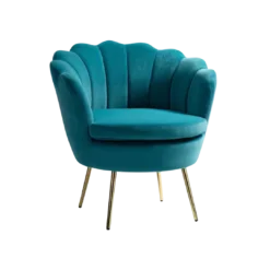 Teal velvet barrel chair with scalloped seashell back. Circle round cushion. Gold slender legs.