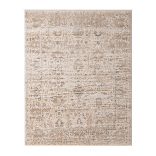 Tan, beige, ivory and gray hues make up subtle geometric patterns in this low pile rectangular rug.