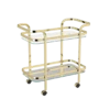 Brass gold two tiered bar cart with thick gold edges. Two mirror shelves. Black wheels.