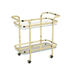Brass gold two tiered bar cart with thick gold edges. Two mirror shelves. Black wheels.