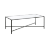 Rectangular metal coffee table with black frame. Four legs. Cross X near the bottom. Glass top.