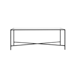 Front view of black metal coffee table. Sleek and clean lines