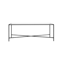 Front view of black metal coffee table. Sleek and clean lines