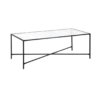 Rectangular metal coffee table with black frame. Four legs. Cross X near the bottom. Glass top.