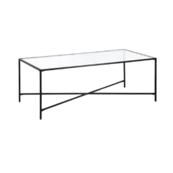 Rectangular metal coffee table with black frame. Four legs. Cross X near the bottom. Glass top.