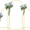 Set of 3 minimal gold arches. Middle arch is tallest with full curve. Two side arches on either side with a straight line on one side and curve on the other. Free standing and gold