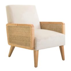 Front view of the Caneva Chair showcasing its light beige fabric and rattan sides.