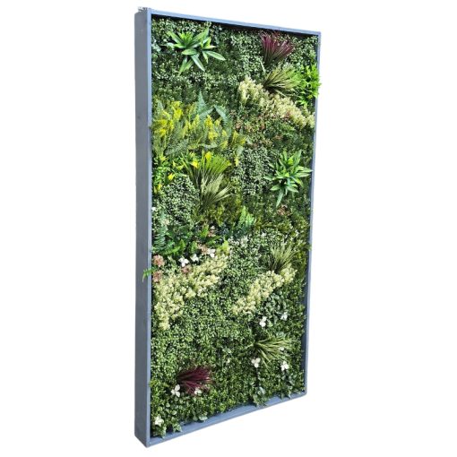 Side view of a single panel from the Botanical Bliss Vertical Greenery Wall highlighting the depth and texture of the artificial foliage.