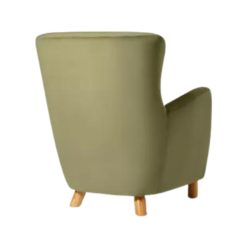 Back view of the Moss Chair showcasing its green fabric and wooden legs.