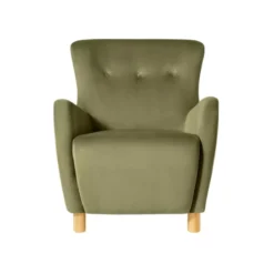 Front view of the Moss Chair featuring its plush cushion and mid-century modern wingback