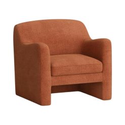 Side view of the Terrabello Chair displaying its clean lines, cushioned seat, and rust-colored upholstery