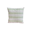 Square pillow with moss green and gray small circles in a row, alternating colors on a white background.