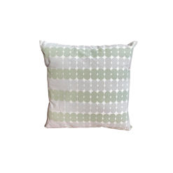 Square pillow with moss green and gray small circles in a row, alternating colors on a white background.