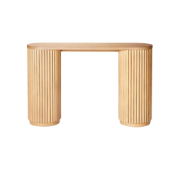 Light wood dowel console table. Oval top and round legs with the look of multiple dowel rods together.