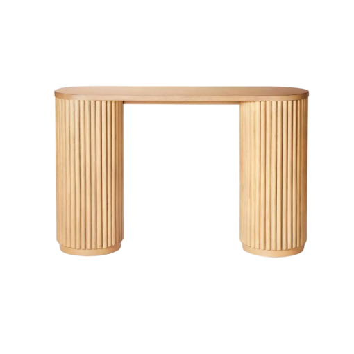 Light wood dowel console table. Oval top and round legs with the look of multiple dowel rods together.