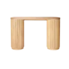 Light wood dowel console table. Oval top and round legs with the look of multiple dowel rods together.