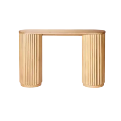 Light wood dowel console table. Oval top and round legs with the look of multiple dowel rods together.