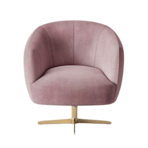 Front view of the Rosé Swivel Chair showcasing its blush pink velvet and sleek brass base.