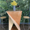 Wooden twist cocktail table with two metal legged stools. Goldenrod plant in a gray vase on the tabletop. Greenery wall background