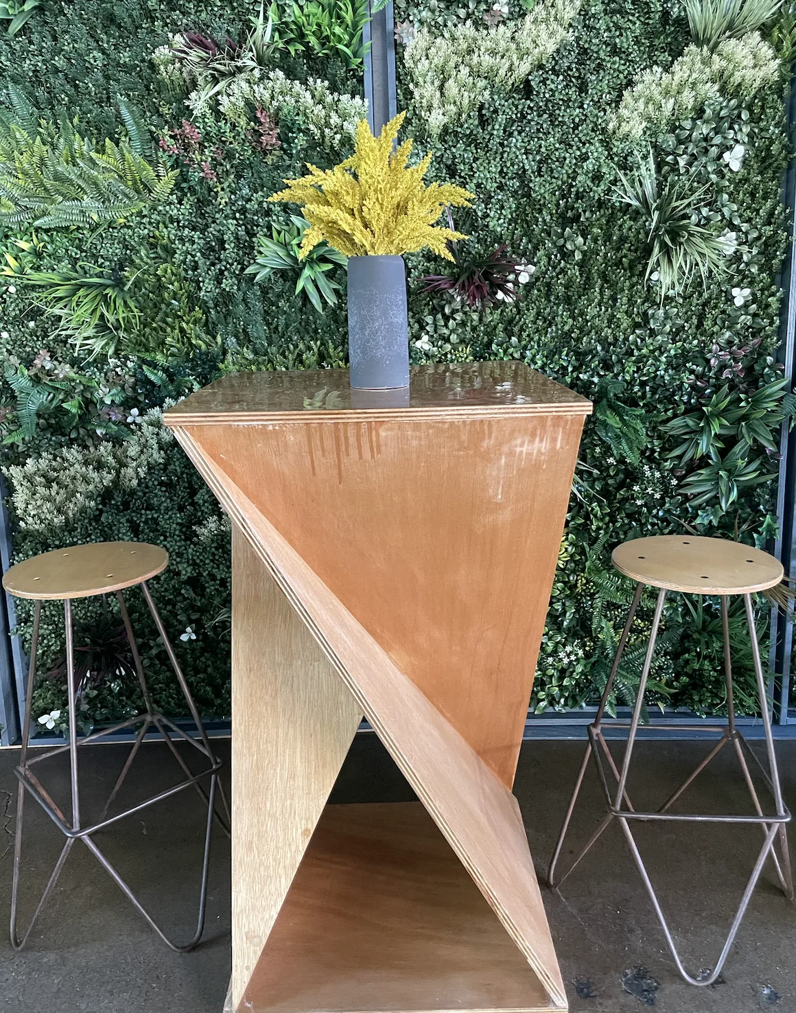 Wooden Cocktail Table with Green wall and golden plant WEBP Wooden twist cocktail table with two metal legged stools. Goldenrod plant in a gray vase on the tabletop. Greenery wall background