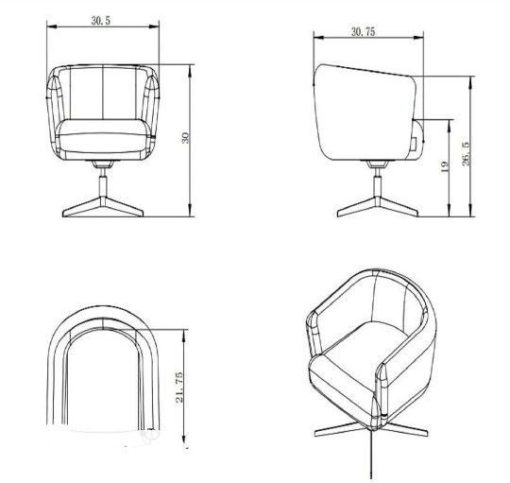 Overhead view and dimensions of the Rosé Swivel Chair