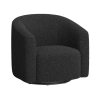 Modern black fuzzy velvet barrel chair with back curving into the arms