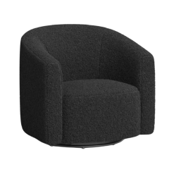 Modern black fuzzy velvet barrel chair with back curving into the arms