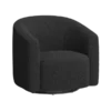 Modern black fuzzy velvet barrel chair with back curving into the arms
